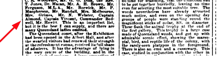 Representative for the Colony of Queensland at Indian and Colonial Exhibition 1886